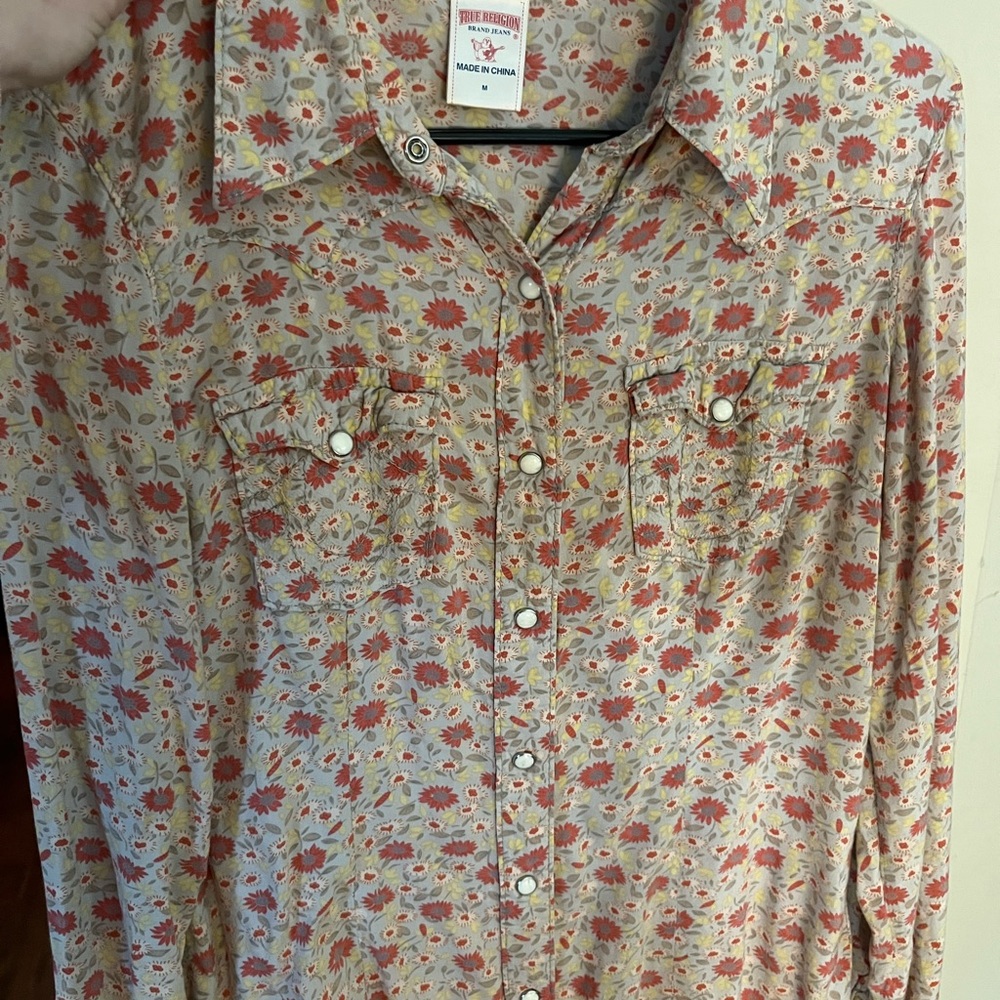 True Religion Floral Button Down Shirt - Red and Cream